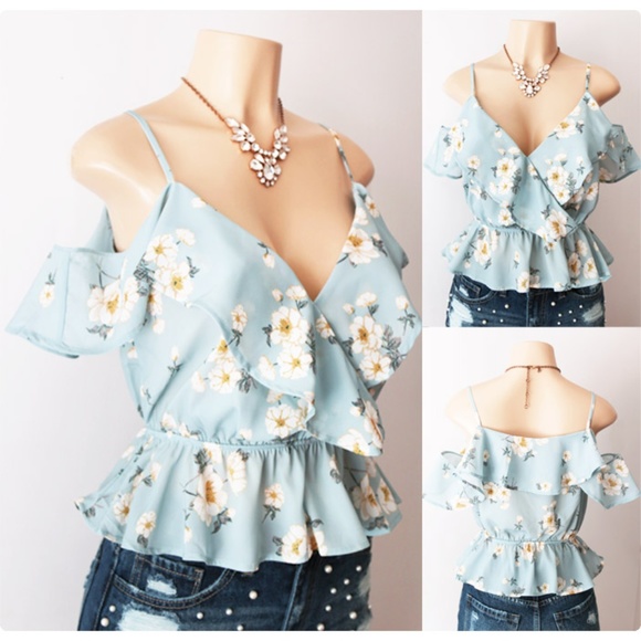 Charlotte Russe Tops - Light Blue Floral Ruffle Cold Shoulder Cropped Top